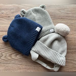 LOT bundle of 3 baby winter hats blue grey gray bear ears pompom gap rugged bear